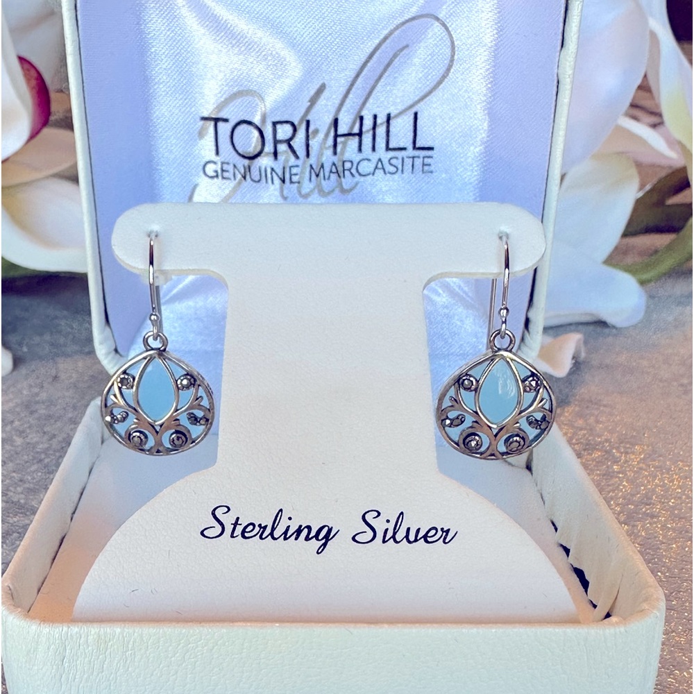 Tori Hill sterling silver marcasite, drop earrings.